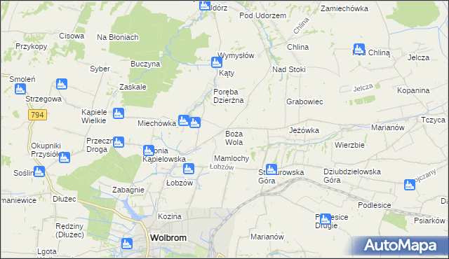 mapa Boża Wola gmina Wolbrom, Boża Wola gmina Wolbrom na mapie Targeo