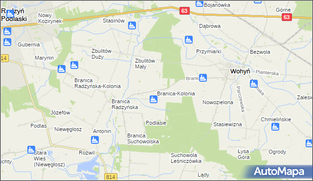 mapa Branica-Kolonia gmina Wohyń, Branica-Kolonia gmina Wohyń na mapie Targeo