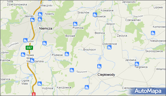 mapa Brochocin gmina Ciepłowody, Brochocin gmina Ciepłowody na mapie Targeo