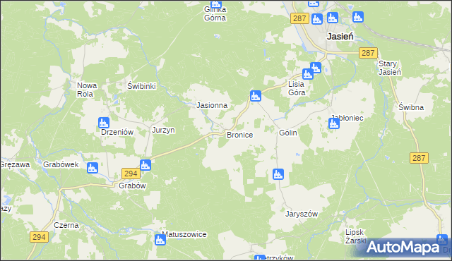 mapa Bronice gmina Jasień, Bronice gmina Jasień na mapie Targeo