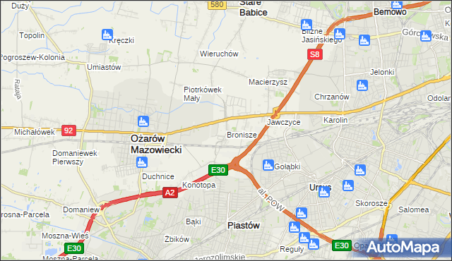 mapa Bronisze gmina Ożarów Mazowiecki, Bronisze gmina Ożarów Mazowiecki na mapie Targeo