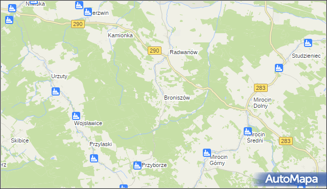 mapa Broniszów gmina Kożuchów, Broniszów gmina Kożuchów na mapie Targeo