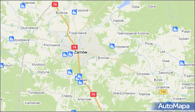 mapa Bronów gmina Żarnów, Bronów gmina Żarnów na mapie Targeo