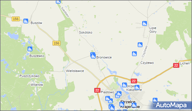 mapa Bronowice gmina Strzelce Krajeńskie, Bronowice gmina Strzelce Krajeńskie na mapie Targeo