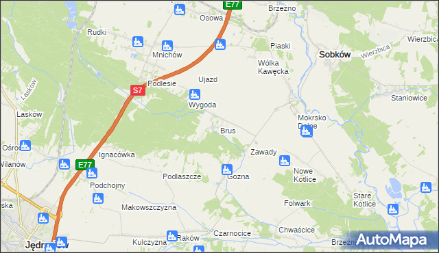 mapa Brus gmina Jędrzejów, Brus gmina Jędrzejów na mapie Targeo