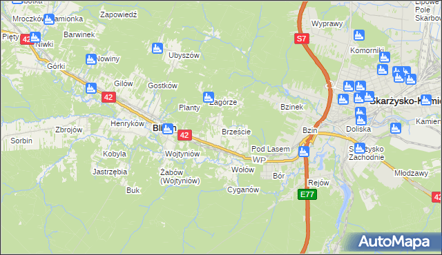 mapa Brzeście gmina Bliżyn, Brzeście gmina Bliżyn na mapie Targeo