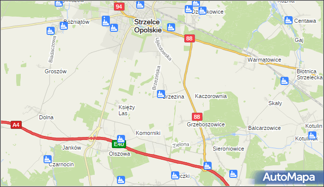 mapa Brzezina gmina Strzelce Opolskie, Brzezina gmina Strzelce Opolskie na mapie Targeo