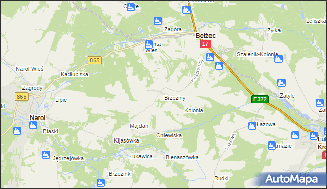 mapa Brzeziny gmina Bełżec, Brzeziny gmina Bełżec na mapie Targeo