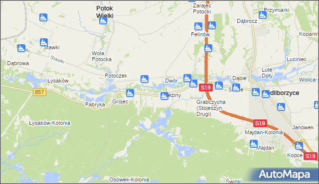 mapa Brzeziny gmina Modliborzyce, Brzeziny gmina Modliborzyce na mapie Targeo