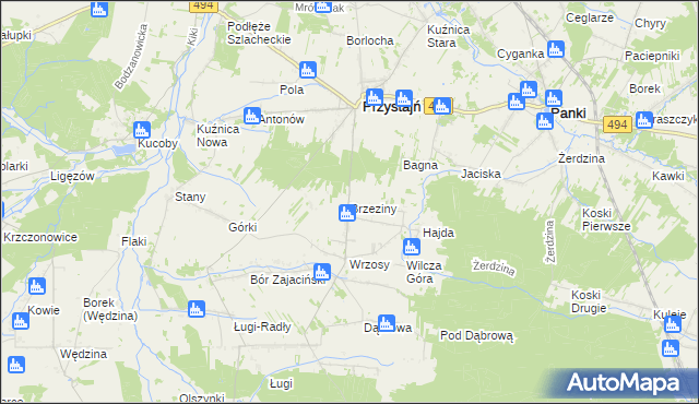 mapa Brzeziny gmina Przystajń, Brzeziny gmina Przystajń na mapie Targeo