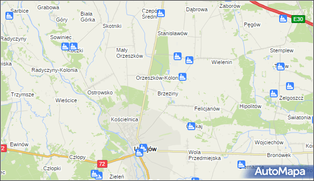 mapa Brzeziny gmina Uniejów, Brzeziny gmina Uniejów na mapie Targeo