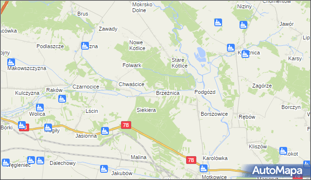 mapa Brzeźnica gmina Jędrzejów, Brzeźnica gmina Jędrzejów na mapie Targeo