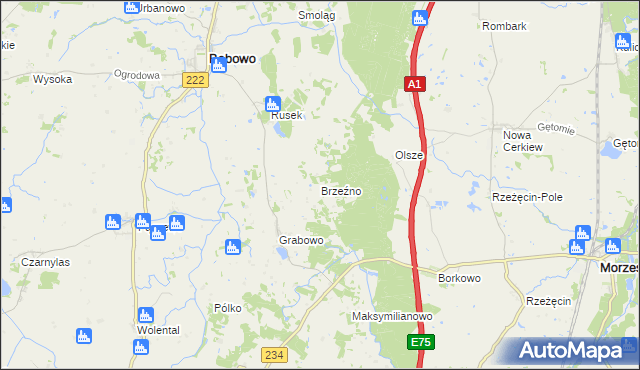 mapa Brzeźno gmina Morzeszczyn, Brzeźno gmina Morzeszczyn na mapie Targeo