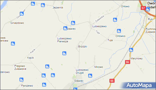 mapa Brzózki gmina Nowy Staw, Brzózki gmina Nowy Staw na mapie Targeo