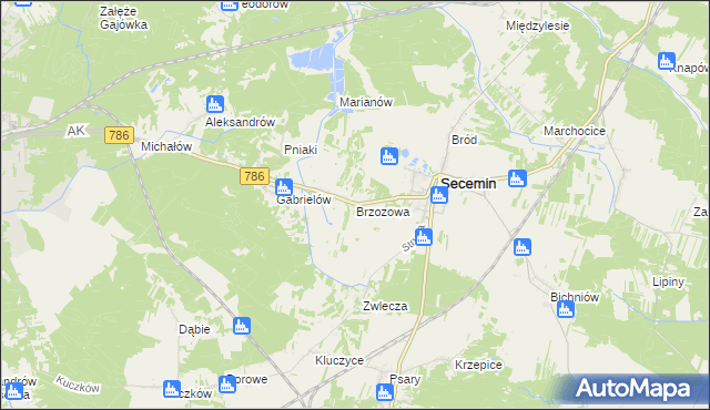 mapa Brzozowa gmina Secemin, Brzozowa gmina Secemin na mapie Targeo
