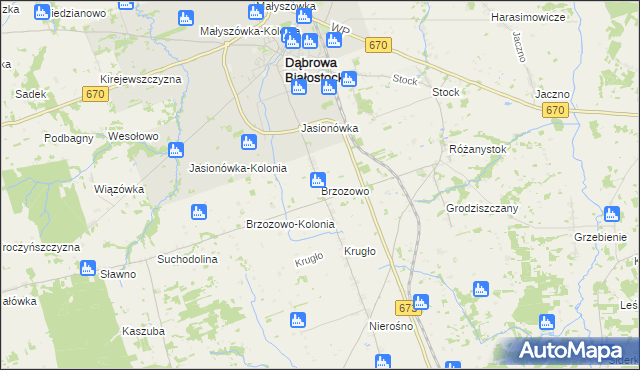 mapa Brzozowo gmina Dąbrowa Białostocka, Brzozowo gmina Dąbrowa Białostocka na mapie Targeo
