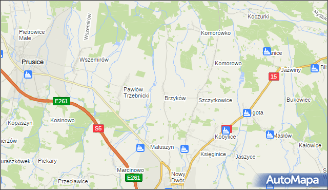 mapa Brzyków gmina Trzebnica, Brzyków gmina Trzebnica na mapie Targeo
