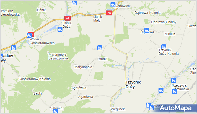 mapa Budki gmina Trzydnik Duży, Budki gmina Trzydnik Duży na mapie Targeo