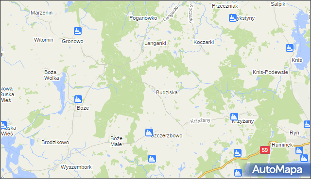 mapa Budziska gmina Mrągowo, Budziska gmina Mrągowo na mapie Targeo