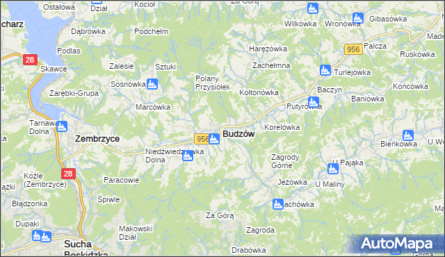 mapa Budzów powiat suski, Budzów powiat suski na mapie Targeo