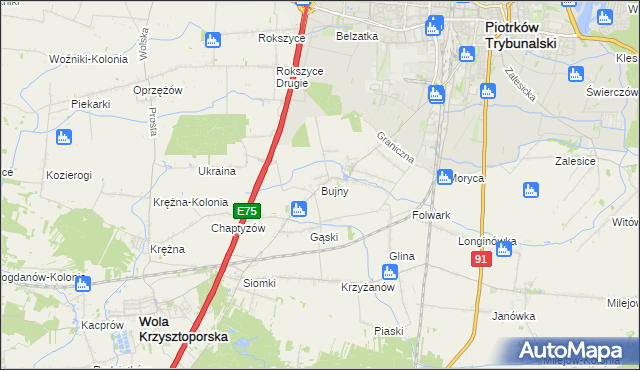 mapa Bujny gmina Wola Krzysztoporska, Bujny gmina Wola Krzysztoporska na mapie Targeo