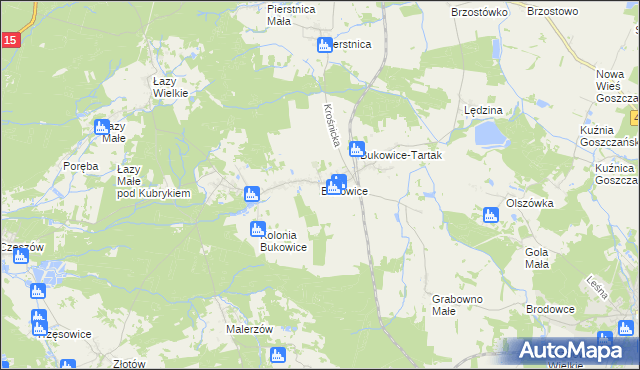 mapa Bukowice gmina Krośnice, Bukowice gmina Krośnice na mapie Targeo