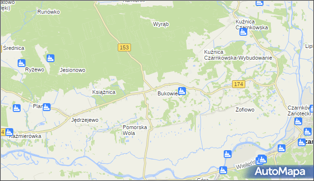 mapa Bukowiec gmina Czarnków, Bukowiec gmina Czarnków na mapie Targeo