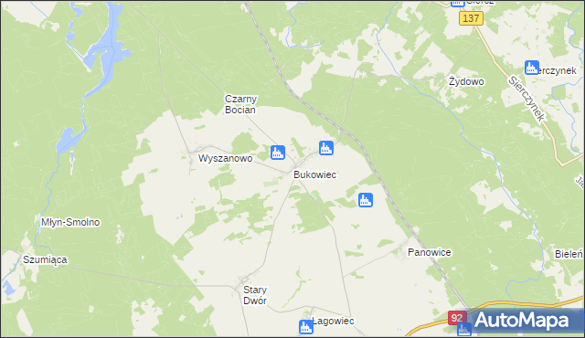 mapa Bukowiec gmina Międzyrzecz, Bukowiec gmina Międzyrzecz na mapie Targeo