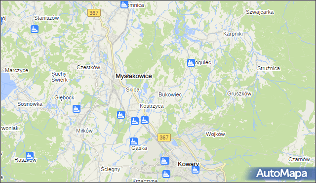 mapa Bukowiec gmina Mysłakowice, Bukowiec gmina Mysłakowice na mapie Targeo