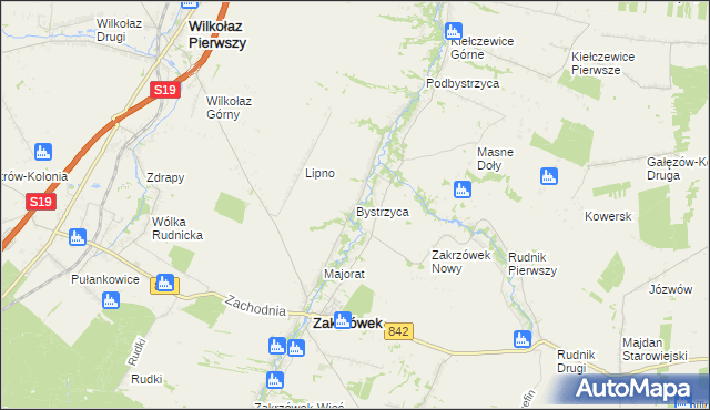 mapa Bystrzyca gmina Zakrzówek, Bystrzyca gmina Zakrzówek na mapie Targeo