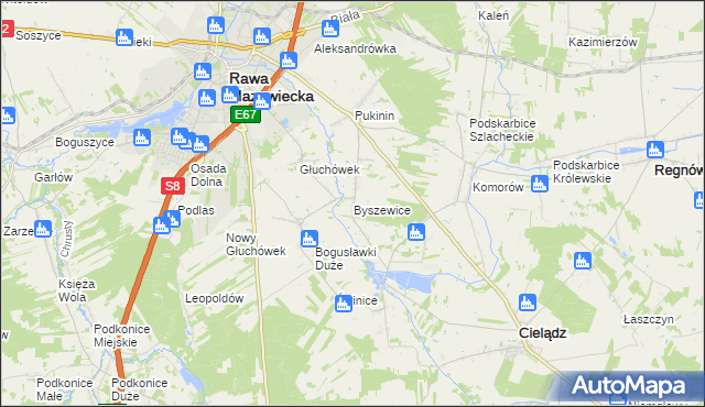 mapa Byszewice gmina Rawa Mazowiecka, Byszewice gmina Rawa Mazowiecka na mapie Targeo