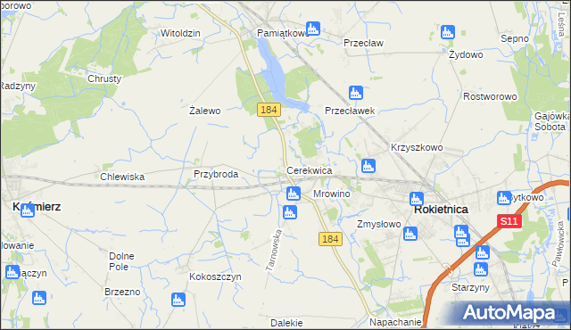 mapa Cerekwica gmina Rokietnica, Cerekwica gmina Rokietnica na mapie Targeo