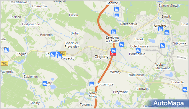 mapa Chęciny powiat kielecki, Chęciny powiat kielecki na mapie Targeo