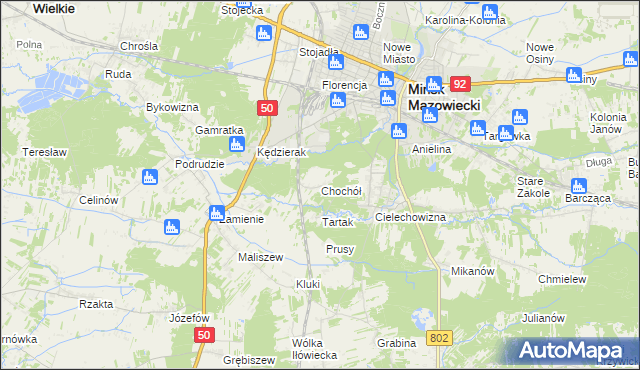 mapa Chochół gmina Mińsk Mazowiecki, Chochół gmina Mińsk Mazowiecki na mapie Targeo