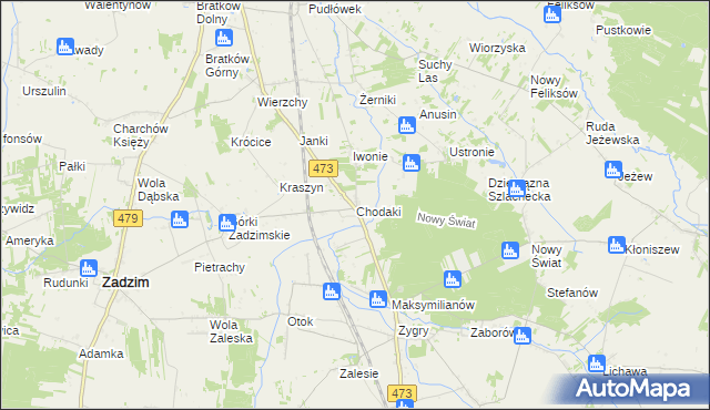 mapa Chodaki gmina Zadzim, Chodaki gmina Zadzim na mapie Targeo