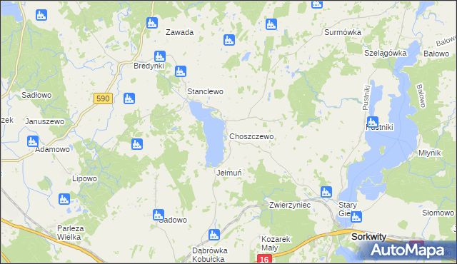 mapa Choszczewo gmina Sorkwity, Choszczewo gmina Sorkwity na mapie Targeo