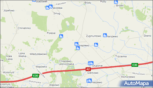 mapa Chraplewo gmina Kuślin, Chraplewo gmina Kuślin na mapie Targeo