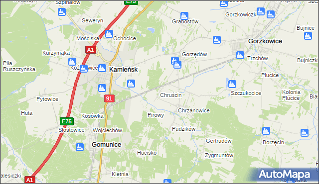 mapa Chruścin gmina Gomunice, Chruścin gmina Gomunice na mapie Targeo