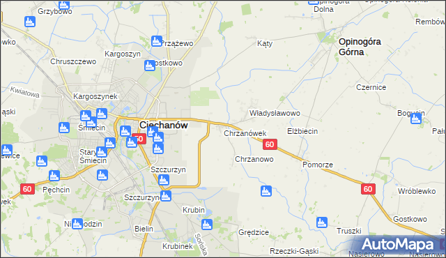 mapa Chrzanówek gmina Opinogóra Górna, Chrzanówek gmina Opinogóra Górna na mapie Targeo