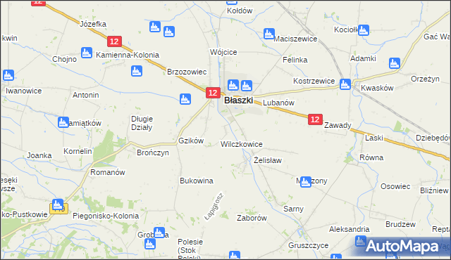 mapa Chrzanowice gmina Błaszki, Chrzanowice gmina Błaszki na mapie Targeo