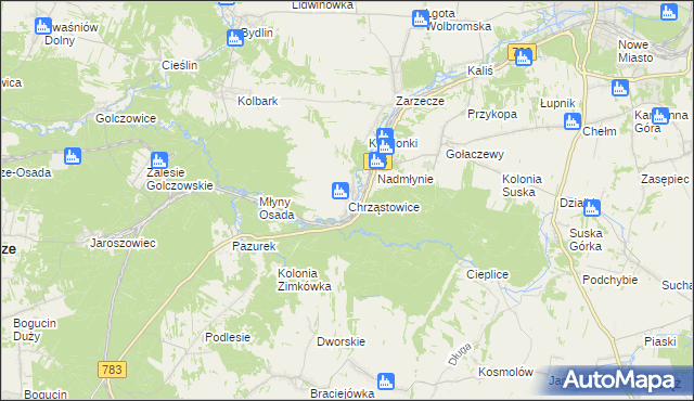 mapa Chrząstowice gmina Wolbrom, Chrząstowice gmina Wolbrom na mapie Targeo