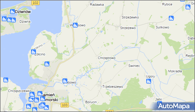 mapa Chrząstowo gmina Kamień Pomorski, Chrząstowo gmina Kamień Pomorski na mapie Targeo