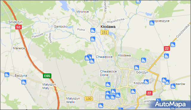 mapa Chwalęcice gmina Kłodawa, Chwalęcice gmina Kłodawa na mapie Targeo