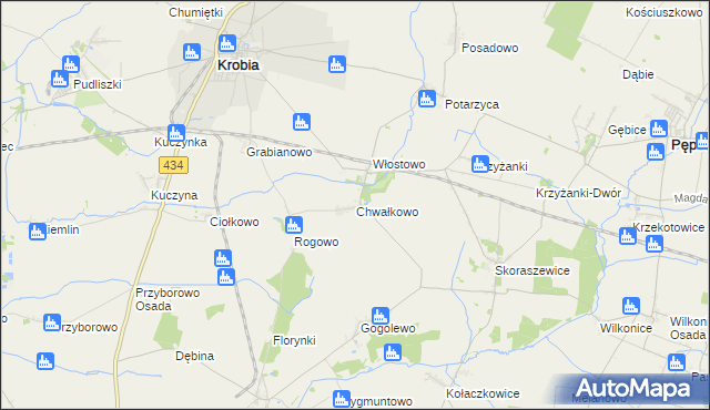 mapa Chwałkowo gmina Krobia, Chwałkowo gmina Krobia na mapie Targeo