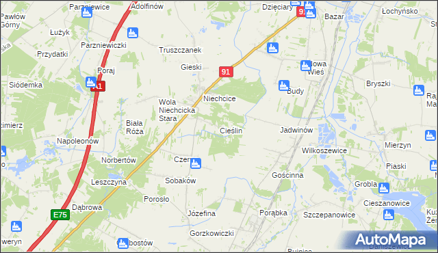 mapa Cieślin gmina Rozprza, Cieślin gmina Rozprza na mapie Targeo