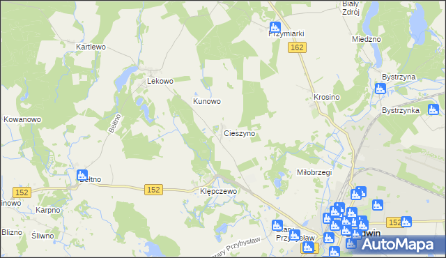 mapa Cieszyno gmina Świdwin, Cieszyno gmina Świdwin na mapie Targeo