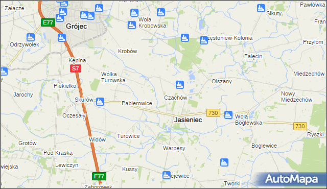 mapa Czachów gmina Jasieniec, Czachów gmina Jasieniec na mapie Targeo