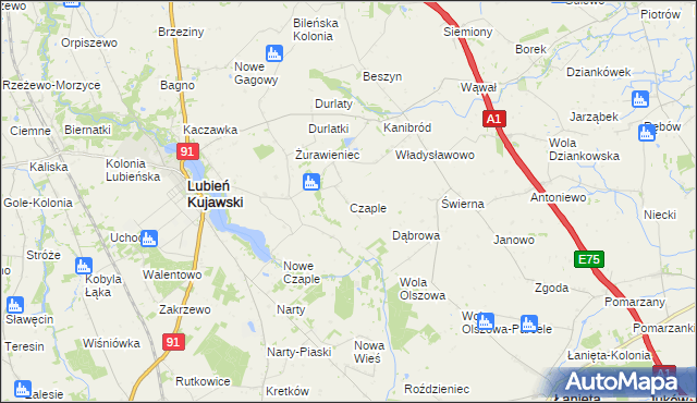 mapa Czaple gmina Lubień Kujawski, Czaple gmina Lubień Kujawski na mapie Targeo