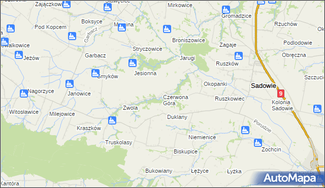 mapa Czerwona Góra gmina Sadowie, Czerwona Góra gmina Sadowie na mapie Targeo