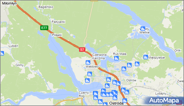 mapa Czerwona Karczma gmina Ostróda, Czerwona Karczma gmina Ostróda na mapie Targeo